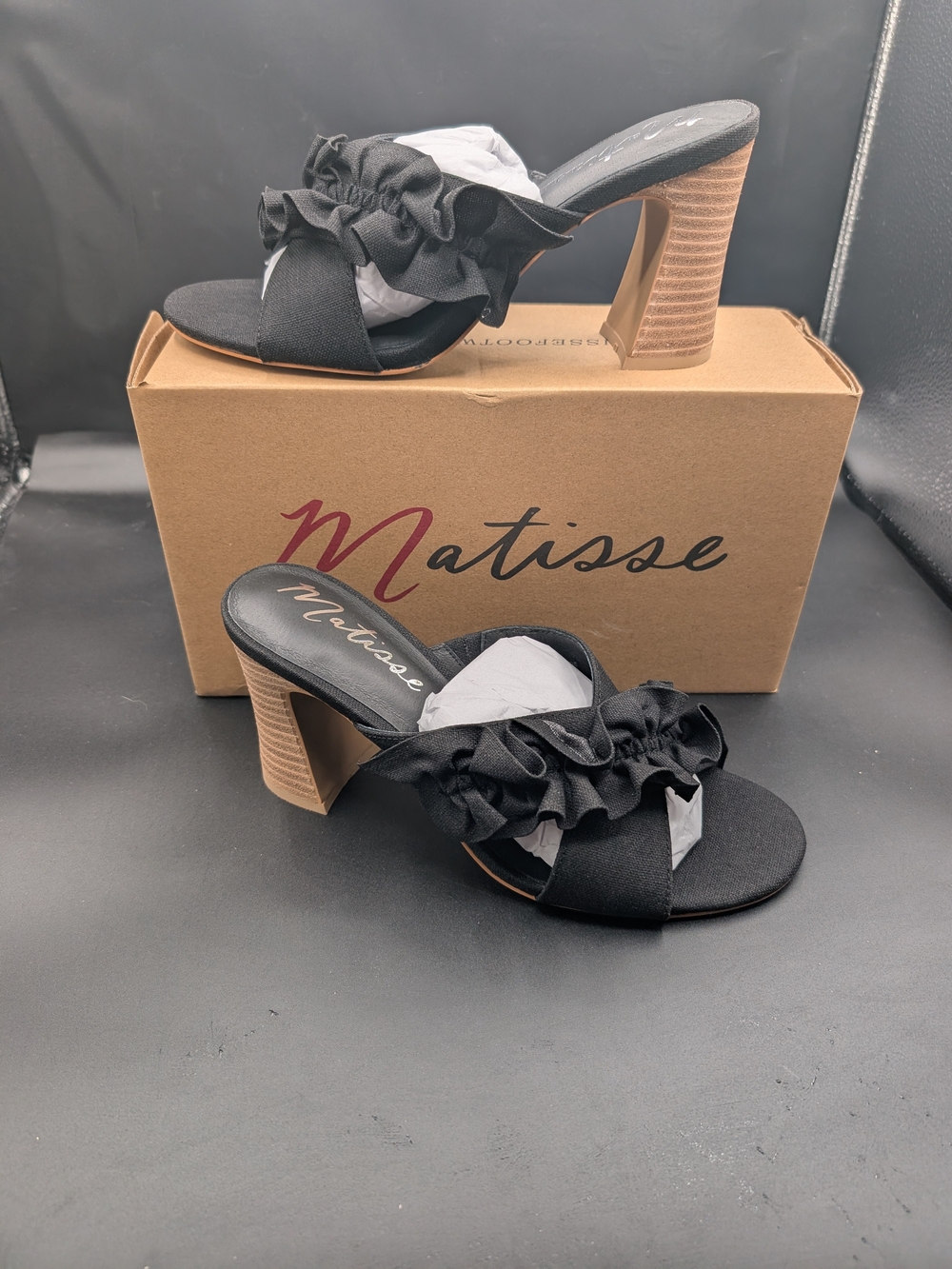 Matisse Black Ruffle Slide Block Heel